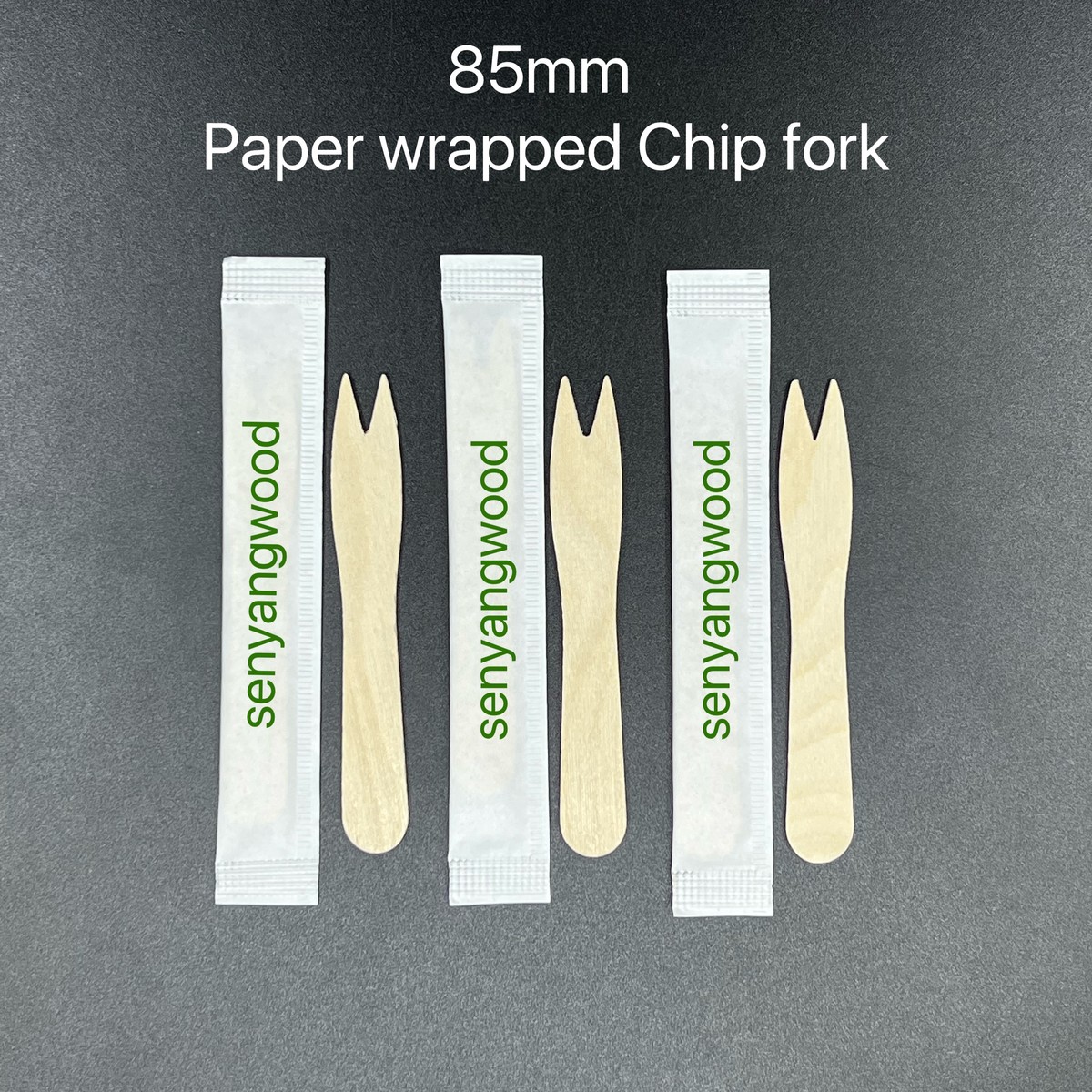 Wooden chip fork with 3 side sealed paper wrapper. 
